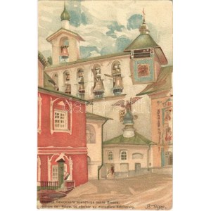 Pskov, Pskow; Le clocher au monastere Petchersky / monstery bells. Russian art postcard, litho (EK)