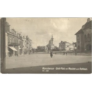 1918 Constanta, Konstanca; Ovid-Platz mit Moschee und Rathaus / square, mosque, town hall, shops. photo (EK...