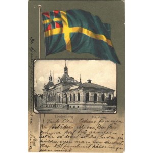 1904 Lindesberg, Tingshuset / court. Art Nouveau, Swedish flag, litho