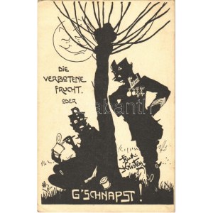 1917 Die verbotene Frucht oder G'schnapst! / WWI Austro-Hungarian K.u.K. military art postcard, humour, support fund...