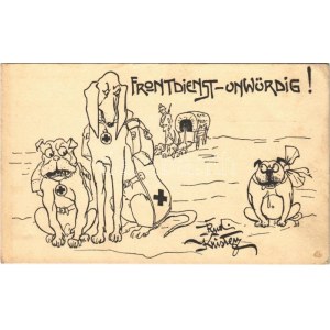 1917 Frontdienst Unwürdig! / WWI Austro-Hungarian K.u.K. military art postcard, humour, support fund...