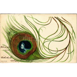 1901 Art Nouveau peacock feather lady. E.A.W. No. 1240. litho. Unsigned Raphael Kirchner