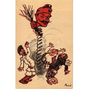 Humoros első világháborús grafikai lap. A Központi hatalmak Krampusza virgáccsal fenyegeti az Antant hatalmakat...