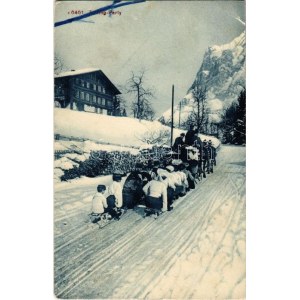 1911 Tailing Party / Winter sport, horse sled towing the sleighers / Téli sport, szánkózok lovasszánnal vontatása (EB...