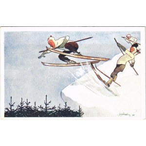Téli sport művészlap, síelő baleset / Winter sport art postcard, skiing accident. B.K.W.I. 560-1. s...