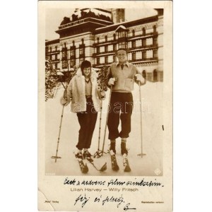 Lilian Harvey és férje Willy Fritsch síelés közben télen / Actress and her husband skiing in winter (EK...