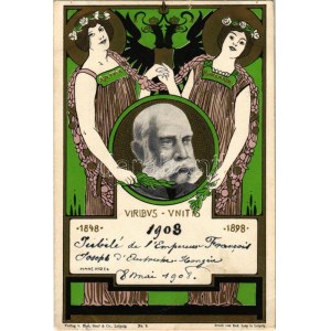 1908 Ferenc József uralkodásának 50. évfordulója, szecessziós litho képeslap / Viribus Unitis 1848-1898. Verlag v. Rost...