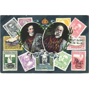 1848-1908 Ferenc József uralkodásának 60. évfordulója. Jubileumi díszes, szecessziós lap bélyegekkel...