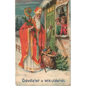 1935 Üdvözlet a Mikulástól! / Saint Nicholas. litho (lyuk / hole)