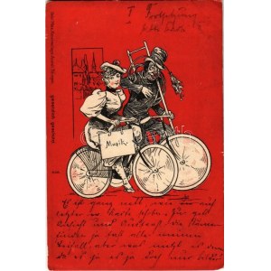 1899 (Vorläufer) Kerékpáros hölgy és kéményseprő / Lady and chimne sweeper on bicycles. Gebr. Metz Kunstverlags...