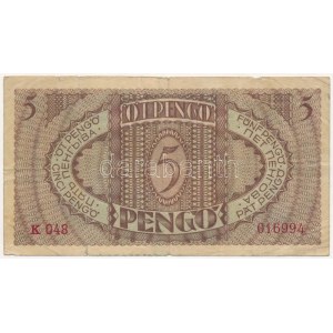 1938. 5P K048 016994 T:III- hajtásoknál helyenként elvékonyodott papír RR! / Hungary 1938. 5 Pengő K048 016994...