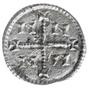 1162-1172. Denár Ag III. István hibrid veret (0,19g) T:1,1- hajlott lemez / Hungary 1162-1172. Denar Ag Stephen III...