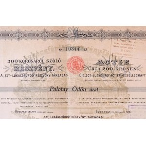 Budapest 1915. Szt.-Lukácsfürdő Részvény-Társaság (Szent Lukácsfürdő Részvénytársaság) névre szóló részvénye 200K-ról...