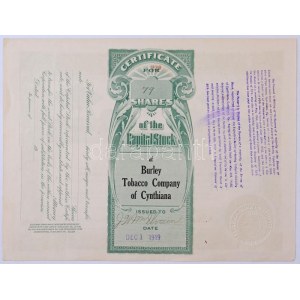 Amerikai Egyesült Államok 1919. Burley Tobacco Company of Cynthiana hetvenkilec részvénye egyben összesen 79$-ról...