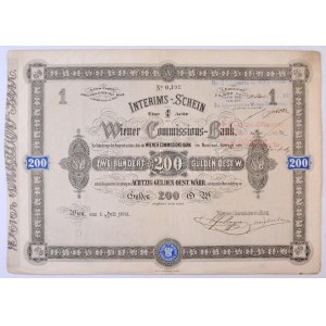 Ausztria / Bécs 1871. Wiener Commisions-Bank részvény 200G-ről, szelvényekkel, felülbélyegzésekkel T:III / Austria ...