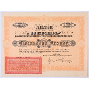 Ausztria / Bécs 1923. Herba Handelsaktiengessellschaft Österreicher Apotheker részvény 5000K-ról, felülbélyegzéssel T...