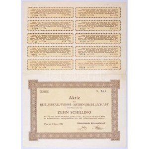 Ausztria / Bécs 1928. Edelmetallwerke Aktiengesellschaft részvény 10Sch-ról, szelvényekkel T:I- / Austria / Wien 1928...
