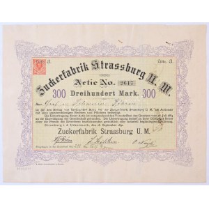 Németország / Strassburg (Uckermark) 1891. Zuckerfabrik Strassburg u. M. névre szóló részvény 300M-ról...