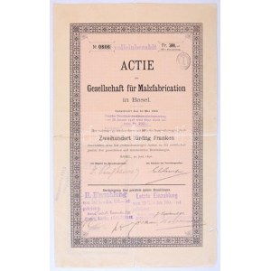 Svájc / Basel 1890. Gesellschaft für Malzfabrication részvény 250Fr-ről, felülbélyegzéssekkel T:III- / Switzerland ...
