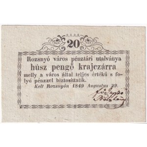 Rozsnyó 1849. 20kr Rozsnyó város pénztári utalványa T:II / Hungary / Rozsnyó 1849. 20 Kreuzer ...