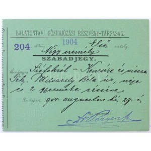 Budapest 1904. Balatontavi Gőzhajózási Részvény-Társaság névre szóló szabadjegye, kitöltött, szárazbélyegzővel...
