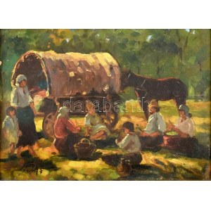 Gaál Ferenc (1891-1956): Táborozók. Olaj, vászon, jelzett. Dekoratív, kopott fa keretben, 37×48 cm / oil on canvas...