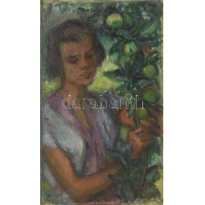 Gráber Margit (1896-1993): Lány gyümölcsággal. Olaj, vászon, kartonon, jelzett. Hátoldalán feliratozott és ltsz. 78...