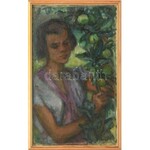 Gráber Margit (1896-1993): Lány gyümölcsággal. Olaj, vászon, kartonon, jelzett. Hátoldalán feliratozott és ltsz. 78...