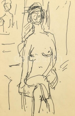 Czóbel Béla (1883 - 1976) Akt. 1970 körül Filctoll, papír 42x28 cm. Üvegezett sérült, fa keretben. Fakult jelzéssel...