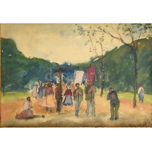 Kernstok Károly (1873 - 1940): Búcsú. Akvarell, papír. 16x24 cm. Jelzett: Kernstok. Hátoldalán MNG bírálati etikett...