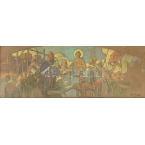 Udvary Géza (1872-1932): Szent István templomot alapít. Pasztell, ceruza, papír, jelzett. Hátoldalán feliratozott...