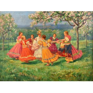 Ferenczy József (1866-1925): Körtánc matyó népviseletben (Mezőkövesd környéke). Olaj, vászon. Jelzett...