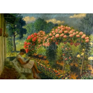 Joachim Ferenc, Csejtei (1882-1964): Virágos kert. Olaj, vászon, jelezve balra lent (keret által kissé takarve)...