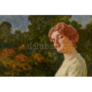 Margitay Tihamér (1859-1922): Mosolygós hölgy. Olaj, karton, jelzett, fa keretben, 33×49 cm