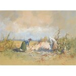 Neogrády Antal (1861-1942): Kukoricatörők. Akvarell, papír, jelzett. Üvegezett, dekoratív fa keretben...
