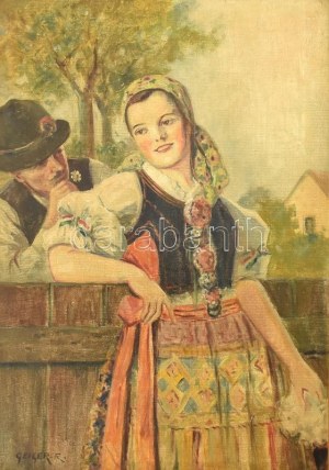 Geiger Richárd (1870-1945): Magyar menyecske nemzetiszínű szalaggal. Olaj, vászon, jelzett. Dekoratív keretben...