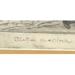 Szabó Vladimir (1905-1991): Halász. Rézkarc, papír, sérült, jelzett, 15×14 cm, üvegezett kopott fa keretben...