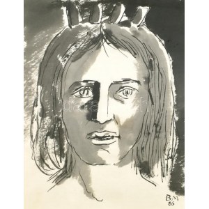 Borsos Miklós (1906-1990): Királylány, 1986. Lavírozott tus, papír, jelzett, üvegezett keretben, 39,5×29...