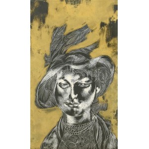 Szász Endre (1926 - 2003): Kalapos női portré. Sgrafittó, papír 17,5x 10,5 cm. Üvegezett kopott, sérült keretben...