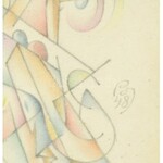 Balogh István (1890-1956): Színes formák, 1948. Ceruza, papír, jelzett. Üvegezett fa keretben, 13×9 cm ...