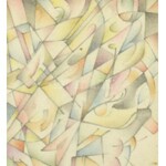 Balogh István (1890-1956): Színes formák, 1948. Ceruza, papír, jelzett. Üvegezett fa keretben, 13×9 cm ...