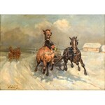 Viski János (1891-1987): Téli vágta. Olaj, vászon, jelzett. Bal felén apró felületi sérüléssel. Fa keretben, 60x80 cm ...