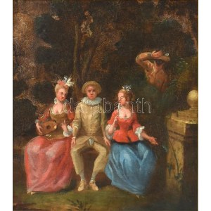 XVIII. vagy XIX. sz. francia festő alkotása, jelzés nélkül: Hölgytársaság harlekinnel. Olaj, bőr...