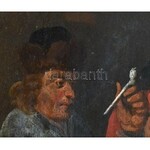 XVIII. sz. németalföldi festő alkotása, jelzés nélkül: Pipagyújtás. Olaj, fatábla...