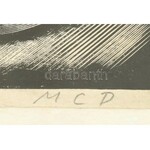 Molnár C. Pál (1894-1981): Kutyasétáltatás. Fametszet, papír, jelzett. Üvegezett fa keretben. 29x24 cm ...