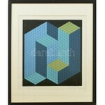Victor Vasarely (1906 - 1997): Kinetikus kompozíció kék, türkiz és zöld színben fekete alapon. Szitanyomat, papír...