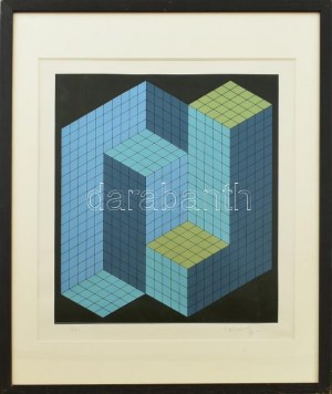Victor Vasarely (1906 - 1997): Kinetikus kompozíció kék, türkiz és zöld színben fekete alapon. Szitanyomat, papír...