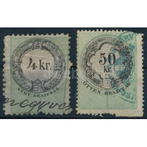 1868 4kr + 50kr okmánybélyeg jelentős fogazatkimaradással és papírránc okozta nyomáshibával / 4kr ...