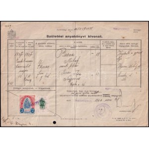 1942 Nagyvárad születési anyakönyvi kivonat, 2P városi illetékbélyeggel ...