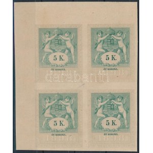 1898 5K okmánybélyeg ívsarki karton négyestömb mintaívből ...